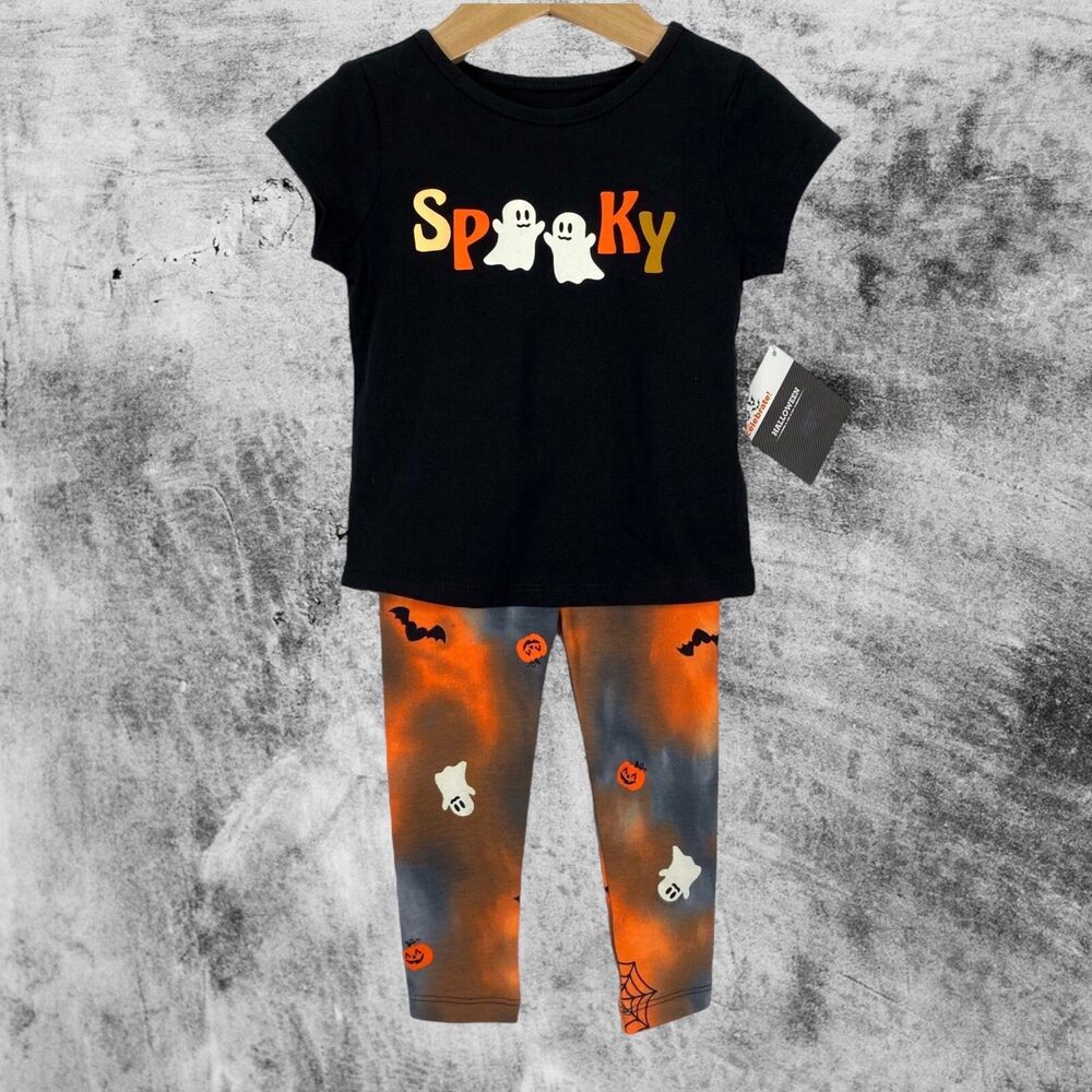 Halloween Girls Top Leggings 2T Ghost Spooky Black Orange Tie Dye Outfit Set